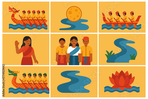 Flat design cultural festival: dragon boat races and traditional attire