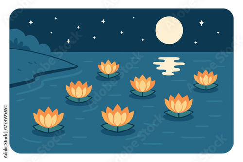 Serene night scene with water lilies and moonlit sky