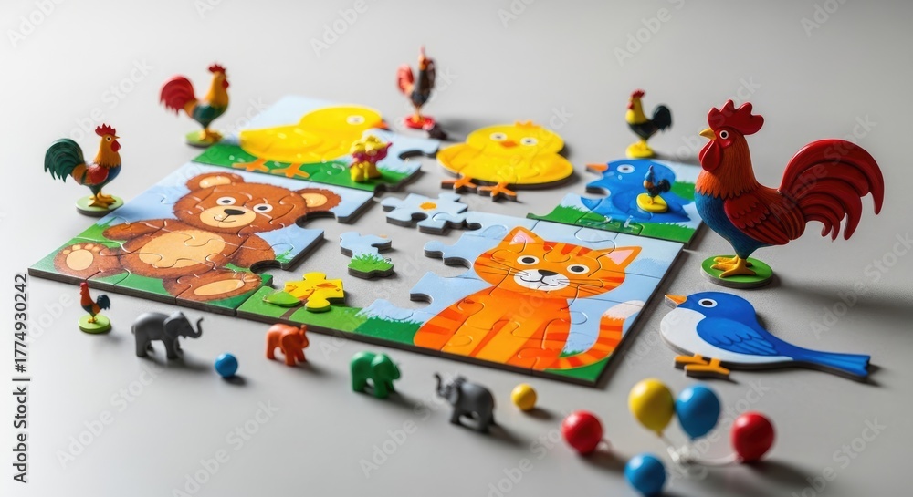 Fototapeta premium Toys, logos, puzzle, house, vector, illustration, architecture, art, icon, design, child, family, construction, symbol, toy, clown, baby, doll, fun, circus, holiday, animal, red, plasticine, colorful