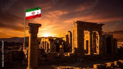 Ancient Persian Ruins Bathed in Golden Sunset Light with Iranian Flag Waving Proudly in the Foreground Against a Dramatic Sky Overhead Symbolizing