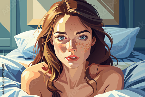 Beautiful woman with freckles waking up in bed early morning, pensive pose, soft natural light, intimate portrait photography, calm mood, and delicate female facial features