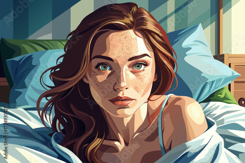 Beautiful woman with freckles waking up in bed early morning, pensive pose, soft natural light, intimate portrait photography, calm mood, and delicate female facial features