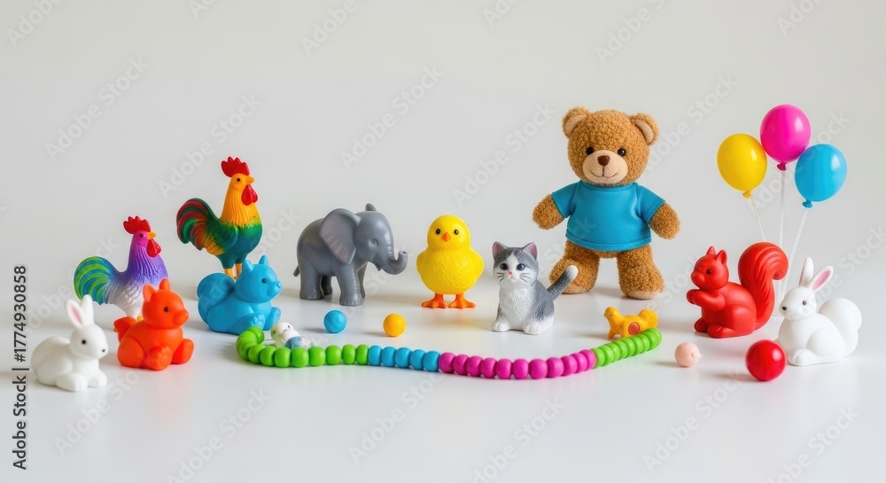Obraz premium various toys, cartoon, baby, bear, drawing, toy, vector, animal, child, cat, design, fun, boy, teddy, love, dog, childhood, rabbit, card, holiday, art