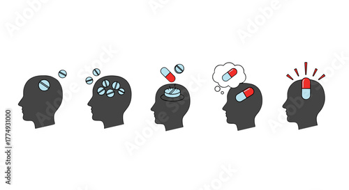 Conceptual illustration depicting the progression of medication intake and its impact on the human mind, from a single pill to multiple capsules and a final representation of a potent effect