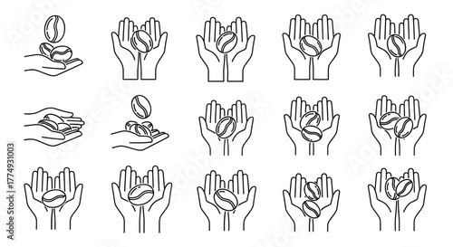 Minimalistic thin outline icon of roasted coffee beans gently cupped in open hands, symbolizing warmth, care, and the origin of coffee. This versatile vector graphic is perfect for web design, app
