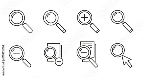 Magnifying glass icon set vector illustration, ordered line icon set on white background, search icon collection, magnifying glass icons with zoom in, zoom out, and cursor pointer, clean design for
