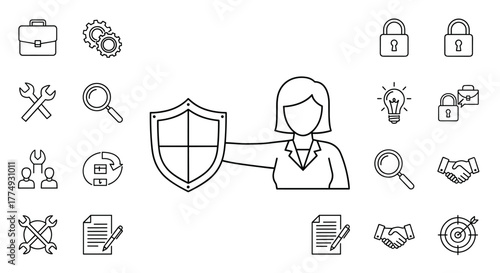 Business security concept illustration: a female consultant holding a shield, symbolizing protection and safety, surrounded by icons representing business, technology, and strategy, perfect for