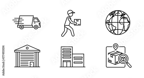 Vivid line art icons representing delivery and logistics services, including a fast-moving truck, a courier carrying a package, a globe symbolizing worldwide shipping, a warehouse, an office