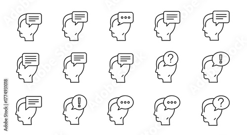 Vector cartoon illustration of a speech bubble icon inside a human head silhouette, symbolizing ideas, communication, and thoughts, set against a clean white background. This versatile graphic is