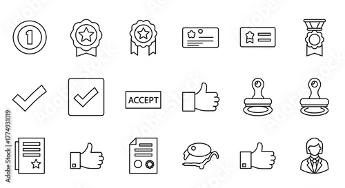 Approved and certified thin line icon set, containing validation, quality, agreement, badge, medal, licence, checkmark, selection, accept, stamp, thumb up, and businessman icons, representing success
