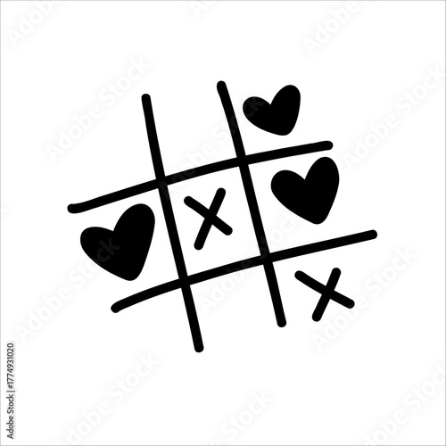 Doodle illustration of a tic tac toe game with hearts and crosses. Simple hand-drawn Valentine design symbolizing love, playfulness, and connection, perfect for greeting cards, stickers, and posters.