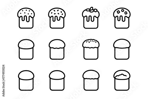 Collection of simple cupcake illustrations showcasing various toppings and styles arranged in a grid format