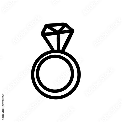 Doodle illustration of an engagement ring with a large diamond. Simple hand-drawn Valentine element symbolizing love, proposal, and commitment, perfect for wedding cards, stickers