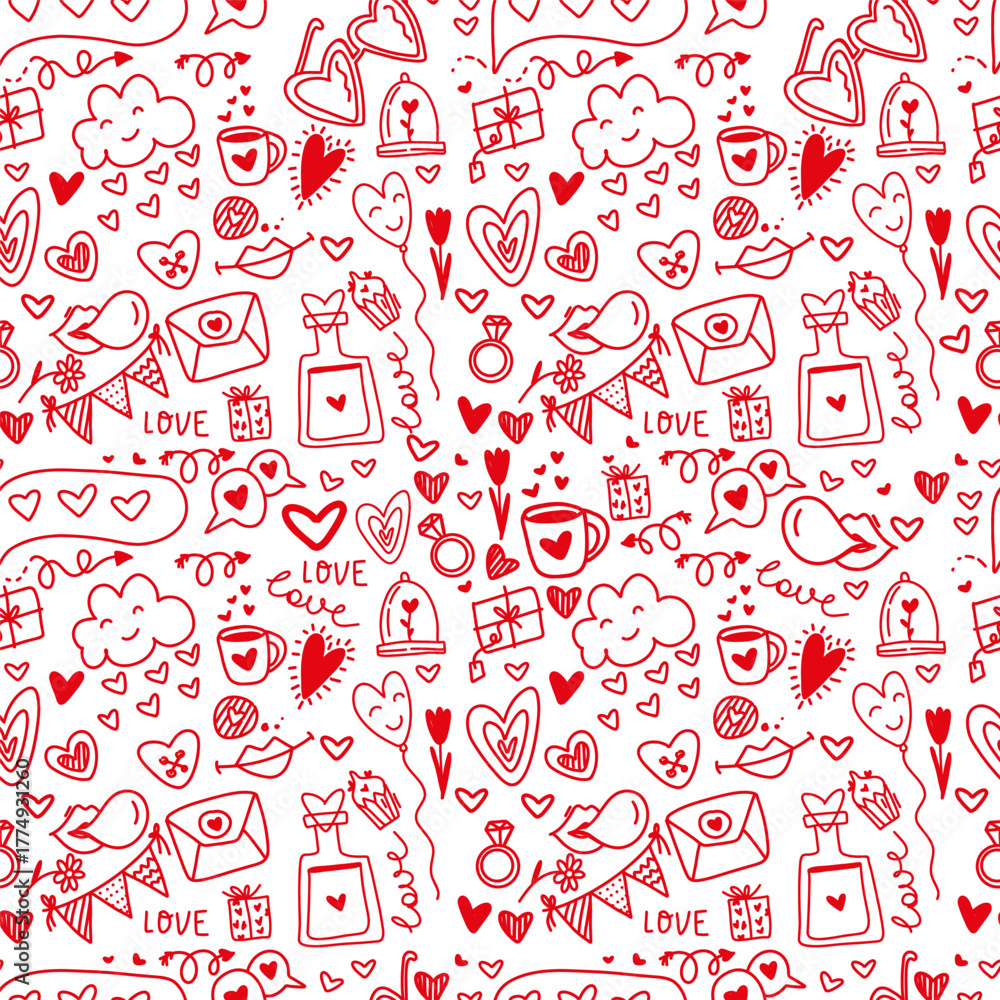 Naklejka premium Seamless red hand-drawn doodle pattern with love letters, birds, hearts, gifts, and romantic icons. Playful Valentine’s Day design for wrapping, wedding paper crafts, cards, and scrapbooking