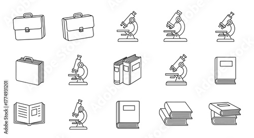 Collection of thin line icons representing a briefcase, microscope, and books, perfect for apps, websites, banners, infographics, and various design projects. This vector set offers a clean and