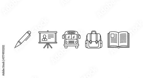 Collection of minimalistic linear icons representing essential elements for education and travel, including a pen, presentation board, bus, school bag, and an open book, all rendered with editable