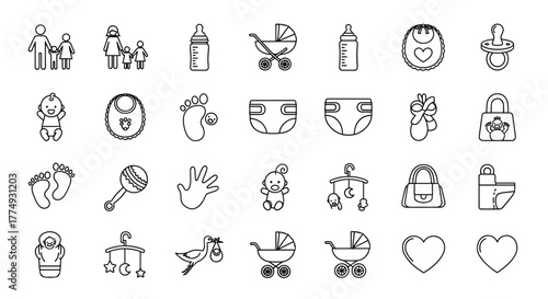 Collection of Family and Baby Related Line Icons, Outline Signs for Graphic and Web Design, Apps, Adverts, Various Cards, Vector Cartoon Illustrations, Newborn, Childhood, Parenthood, Maternity