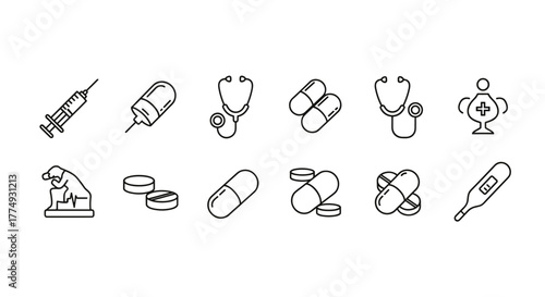 Collection of outline medical symbols including a syringe, stethoscope, pills, thermometer, and a doctor figure, drawn with thin lines, perfect for apps, websites, banners, and infographics
