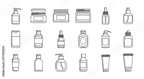 Collection of cosmetic and skincare product outline icons, including bottles, jars, and tubes, presented in a clean, minimalist line art style on a white background, perfect for graphic design, web