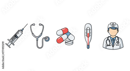 A vibrant and diverse collection of medical icons, including a syringe, stethoscope, pills, thermometer, and a doctor, perfect for enhancing applications, websites, banners, infographics, and various
