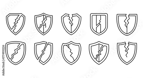 Collection of ten cracked shield outline icons and symbols, presented as a vector cartoon illustration on a clean white background, perfect for graphic design, book covers, advertisements, and app