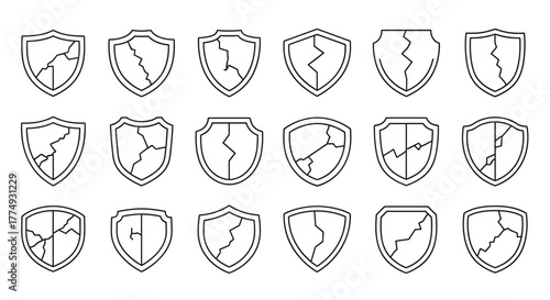 Collection of cracked shield outlines in a linear, cartoon illustration style, perfect for graphic design, web design, apps, adverts, and various cards, presented on a clean white background for