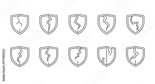 Set of ten minimalistic thin line icons representing cracked shields, symbolizing broken security, vulnerability, or failed protection. These vector graphics are ideal for web design, app interfaces