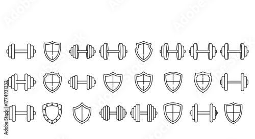 Set of hand-drawn vector icons featuring dumbbells and shields, presented in a thin line style on a clean white background, perfect for fitness, protection, and sports-related designs, offering a