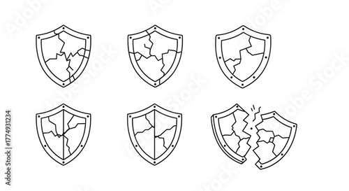Set of six cracked shield icons, simple line art vector illustrations on a white background, depicting various stages of damage and breakage, perfect for security, protection, or failure concepts.