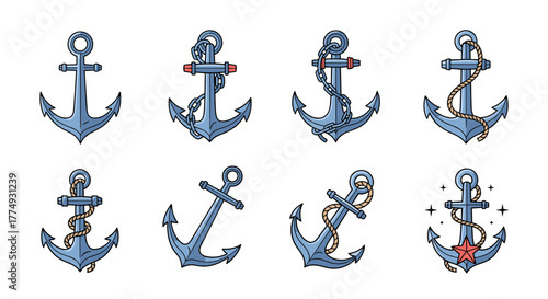 Set of eight stylized anchor illustrations in a cartoon style, featuring variations with ropes, chains, and a star accent, presented on a clean white background for versatile graphic design
