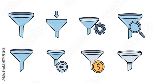 Set of eight funnel icons representing various business concepts like data filtering, process optimization, search, and financial transactions, presented in a clean, modern cartoon vector style with