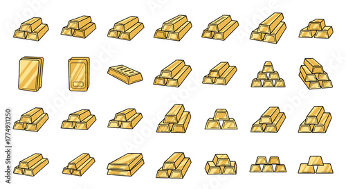 Collection of Gold Bars and Ingots in Various Arrangements, Featuring a Clean Outline Style with Editable Stroke, Ideal for Infographics, Articles, Books, Flyers, and Banners, Presented as a Vector