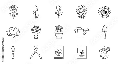 Set of 15 editable stroke icons related to flowers and gardening, including roses, tulips, sunflowers, lotus, bouquets, potted plants, watering cans, trowels, pruning shears, and seed packets