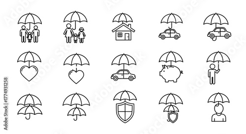 Vivid and descriptive line icon collection representing people and family under an umbrella, symbolizing insurance and protection. These outline signs are perfect for graphic and web design, apps