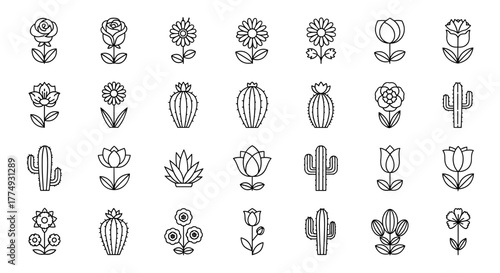 Modern Line Icon Pack Featuring a Vivid Collection of Flowers and Cactuses, Perfect for Web Sites, Apps, and Cards. This Vector Cartoon Set Includes Linear Images of Plants with Delicate Petals and