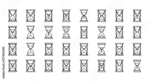 A comprehensive pack of thin line hourglass icons, perfect for web, books, cards, and apps. This editable stroke vector cartoon illustration features a white background, showcasing various hourglass
