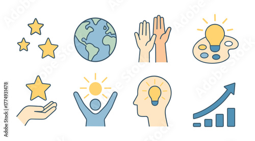 Minimalist concepts of global inspiration and creativity with light bulbs and hands