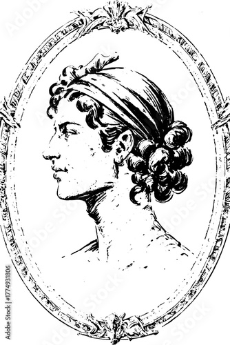 Elegant engraved illustration of a classical figure with ornate frame showcasing artistry and craftsmanship