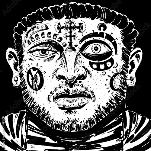 Engraved illustration of a man with intricate body art showcasing cultural symbols in a striking black and white design