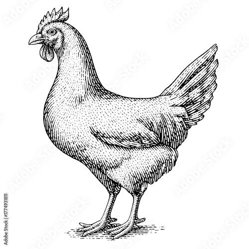 Engraved illustration of a detailed hen showcasing intricate feather patterns and a graceful stance
