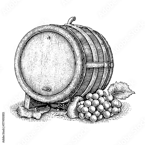 Engraved illustration showcasing wine barrel with fresh grapes and leaves, capturing the essence of vineyard life and winemaking art