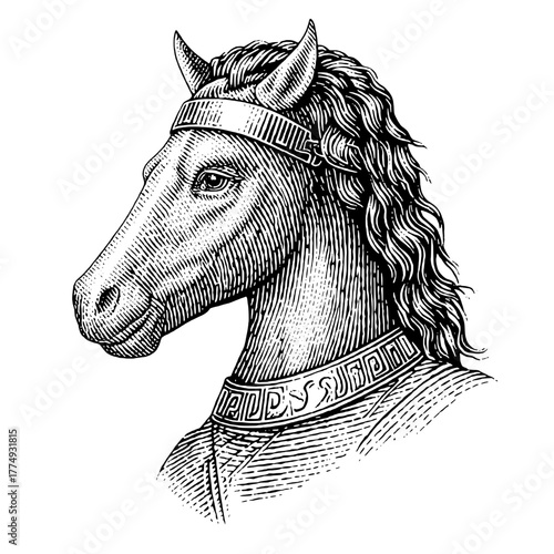 Engraved illustration of a noble horse adorned with intricate details and a regal appearance captured in a vector format collection