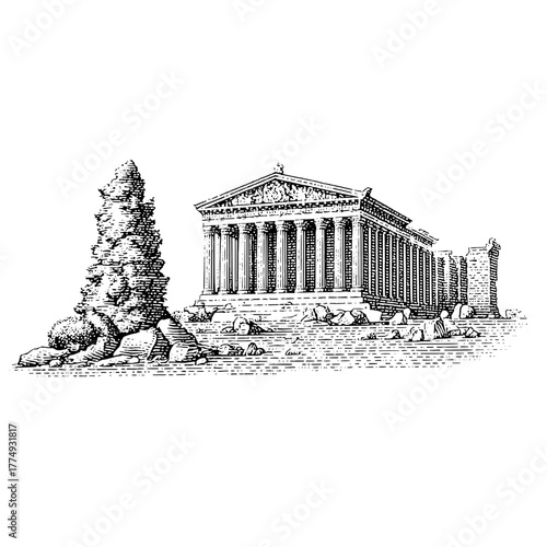 Engraved illustration of a majestic ancient temple with detailed surroundings and classic architecture