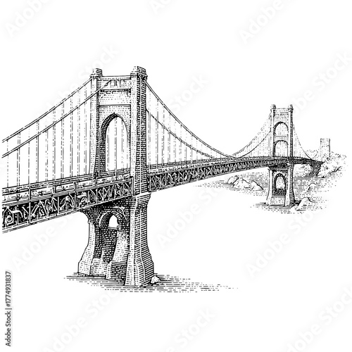 Engraved vector illustration of a historic suspension bridge over a river