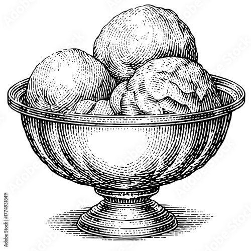 Engraved illustration showcasing a bowl of ice cream with multiple scoops inviting a sweet delight to all dessert lovers