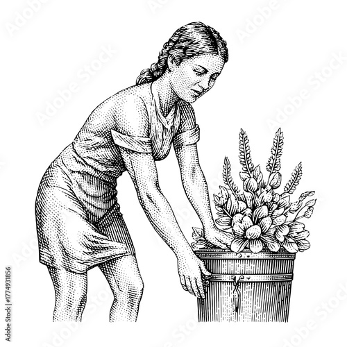 Engraved illustration of a young girl tending to a flower pot in a garden setting during a sunny day
