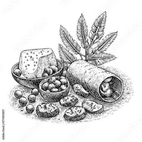 Engraved illustration of a rustic arrangement featuring cheese, nuts, and leaves in a charming still life