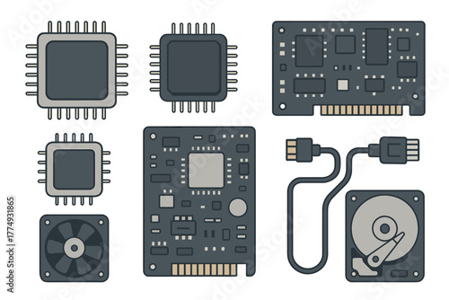 Modern electronic components set: circuit board, cpu, fan, hard drive in flat design