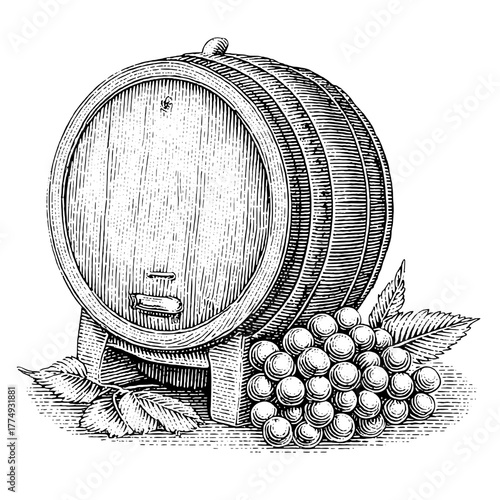 Engraved illustration featuring a classic wooden barrel with grapes and leaves, showcasing winemaking artistry and tradition
