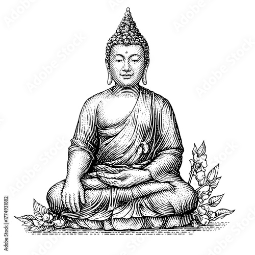 Engraved illustration of a serene Buddha statue with intricate details surrounded by floral elements